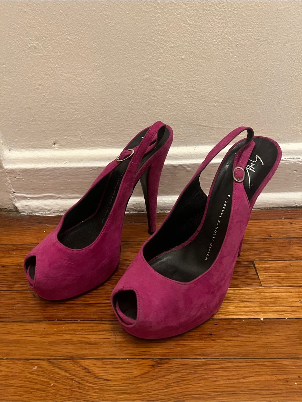 Giuseppe Zanotti Magenta Suede Peep-Toe Slingback Heels